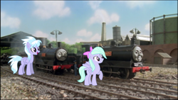 Size: 960x540 | Tagged: safe, cloudchaser, flitter, pegasus, pony, crossover, donald and douglas the scottish twins, female, male, mare, siblings, steam locomotive, thomas the tank engine, train, twins