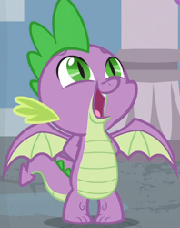 Size: 866x1094 | Tagged: safe, screencap, spike, dragon, marks for effort, arm behind back, cropped, cute, innocent, male, school of friendship, smiling, solo, spikabetes, spread wings, upscaled, winged spike, wings