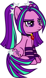 Size: 821x1396 | Tagged: safe, artist:lightningbolt, derpibooru exclusive, aria blaze, earth pony, pony, equestria girls, rainbow rocks, .svg available, angry, disguise, disguised siren, equestria girls ponified, eyeshadow, fangs, female, frown, gem, jewelry, makeup, mare, necklace, pigtails, simple background, siren gem, sitting, slit eyes, solo, svg, transparent background, vector, wristband