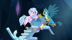 Size: 1920x1080 | Tagged: safe, screencap, gallus, silverstream, classical hippogriff, griffon, hippogriff, uprooted, crystal, duo, female, flying, male, treehouse of harmony