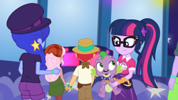 Size: 1920x1080 | Tagged: safe, screencap, duke suave, hunter hedge, raspberry lilac, sci-twi, space camp (character), spike, spike the regular dog, twilight sparkle, dog, equestria girls, equestria girls series, the road less scheduled, the road less scheduled: microchips, spoiler:choose your own ending (season 2), spoiler:eqg series (season 2), ass, bandana, butt, female, geode of telekinesis, glasses, hat, holding hands, magical geodes, male, offscreen character, panama hat, ponytail, space booty