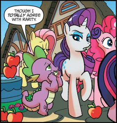 Size: 420x441 | Tagged: safe, artist:tonyfleecs, idw, fluttershy, pinkie pie, rarity, spike, twilight sparkle, twilight sparkle (alicorn), alicorn, dragon, pegasus, pony, unicorn, night of the living apples, spoiler:comic, spoiler:comic31, apple, cropped, female, food, male, mare, official comic, raised hoof, shipping, sparity, speech bubble, straight