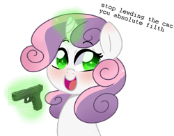 Size: 739x578 | Tagged: safe, artist:naniibanani, sweetie belle, pony, unicorn, bust, cute, delet this, glock, gun, levitation, magic, pistol, simple background, solo, telekinesis, text, transparent background, vulgar, weapon