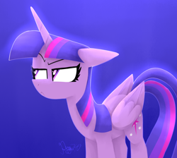 Size: 2900x2600 | Tagged: safe, artist:siggie740, twilight sparkle, twilight sparkle (alicorn), alicorn, pony, :c, blue background, female, floppy ears, frown, high res, mare, simple background, solo, suspicious, twilight is not amused, unamused