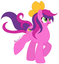Size: 853x915 | Tagged: safe, artist:nummypixels, skywishes, earth pony, pony, g3, bow, female, g3 to g4, generation leap, hair bow, mare, open mouth, raised hoof, signature, simple background, solo, transparent background