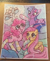 Size: 600x725 | Tagged: safe, artist:marybellamy, derpibooru import, angel bunny, fluttershy, pinkie pie, twilight sparkle, twilight sparkle (alicorn), alicorn, earth pony, pegasus, pony, rabbit, animal, clothes, commission, cupcake, food, happy, out of character, pillow, platter, san diego comic con, slumber party, smiling, socks, striped socks, traditional art