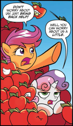 Size: 333x580 | Tagged: safe, artist:tonyfleecs, idw, scootaloo, sweetie belle, living apple, pony, unicorn, night of the living apples, spoiler:comic, spoiler:comic32, apple, cropped, female, filly, foal, official comic, speech bubble