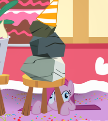 Size: 1624x1820 | Tagged: safe, derpibooru import, edit, edited screencap, screencap, mr. turnip, pinkie pie, rocky, earth pony, pony, party of one, bucket, cake, composite screencap, confetti, female, food, hat, mare, panorama, party hat, pinkamena diane pie, rock, stool, table, turnip