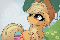 Size: 2000x1349 | Tagged: safe, artist:vale-bandicoot96, applejack, earth pony, pony, applebuck season, bags under eyes, chest fluff, cowboy hat, female, floppy ears, hat, mare, scene interpretation, smiling, solo, tired