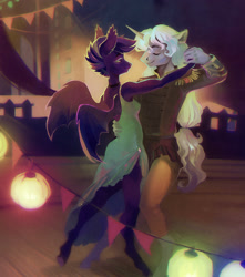 Size: 1600x1809 | Tagged: safe, artist:dearmary, oc, oc:northern lights, oc:ombrage, anthro, bat, unicorn, anthro oc, dancing