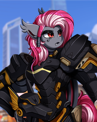 Size: 2550x3209 | Tagged: safe, artist:pridark, oc, oc:miabat, anthro, bat pony, armor, bat pony oc, bust, clothes, commission, cosplay, costume, female, overwatch, pharah, portrait, solo, video game crossover