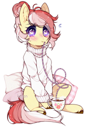 Size: 856x1224 | Tagged: safe, artist:kitten-in-the-jar, oc, oc only, earth pony, pony, blushing, clothes, coffee cup, crazy straw, cup, drinking, female, mare, simple background, sitting, solo, sweater, transparent background, white outline