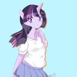 Size: 2048x2048 | Tagged: safe, artist:moh_mlp2, twilight sparkle, anthro, human, blue background, clothes, cute, female, horn, horned humanization, humanized, looking at you, miniskirt, moe, pleated skirt, shirt, simple background, skirt, solo