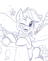 Size: 1500x1875 | Tagged: safe, artist:tsitra360, big macintosh, double diamond, night glider, sugar belle, earth pony, pony, lineart, male, one eye closed, snow, snowball fight, solo focus, winter