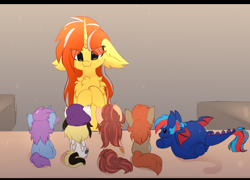 Size: 2184x1576 | Tagged: safe, artist:little-sketches, oc, oc only, oc:centreus feathers, oc:cinderheart, oc:cottonwood kindle, oc:mobian, oc:rory gigabyte, oc:winterlight, dracony, hybrid, pony, unicorn, beanie, chest fluff, ear fluff, eye clipping through hair, female, floppy ears, fluffy, grin, hat, mare, plushie, rubbing hooves, shelf, smiling, this will end in balloons, voodoo doll