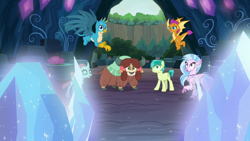 Size: 1920x1080 | Tagged: safe, screencap, gallus, ocellus, sandbar, silverstream, smolder, yona, changedling, changeling, classical hippogriff, dragon, earth pony, griffon, hippogriff, pony, yak, uprooted, bow, cloven hooves, colored hooves, dragoness, female, flying, hair bow, jewelry, male, monkey swings, necklace, student six, teenager