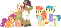 Size: 9604x4413 | Tagged: safe, artist:suramii, aunt holiday, auntie lofty, mane allgood, scootaloo, snap shutter, earth pony, pegasus, pony, the last crusade, absurd resolution, clothes, family, female, filly, male, mare, scootaloo's parents, simple background, smiling, stallion, transparent background, vector, wholesome