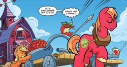 Size: 935x494 | Tagged: safe, artist:tonyfleecs, idw, applejack, big macintosh, mustachioed apple, earth pony, living apple, pony, night of the living apples, spoiler:comic, spoiler:comic32, apple, catapult, cropped, enslaved, eyes closed, facial hair, female, male, mare, moustache, official comic, open mouth, spear, speech bubble, stallion, sweet apple acres, weapon