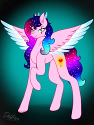Size: 768x1024 | Tagged: safe, artist:delfinaluther, oc, oc only, oc:delfina, alicorn, bicorn, pony, alicorn oc, colored wings, ethereal mane, eye scar, female, galaxy mane, gradient wings, heterochromia, looking at you, mare, raised hoof, scar, signature, solo, spread wings, wings
