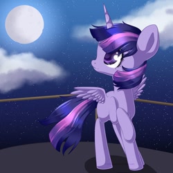 Size: 1024x1024 | Tagged: safe, artist:rue-willings, twilight sparkle, twilight sparkle (alicorn), alicorn, pony, balcony, cloud, cute, female, full moon, looking at something, mare, missing cutie mark, moon, night, sky, solo, twiabetes