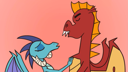 Size: 1717x966 | Tagged: safe, artist:noidavaliable, edit, garble, princess ember, dragon, emble, eyes closed, female, imminent kissing, male, shipping, straight