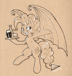 Size: 1424x1500 | Tagged: safe, artist:dogg, demon, pony, alcohol, beer, monochrome, smiling