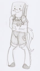 Size: 761x1332 | Tagged: safe, artist:ravenpuff, oc, oc:paper bag, anthro, clothes, female, oh dear, overalls, paper bag, shoes, sign, striped shirt, traditional art