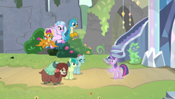 Size: 1920x1080 | Tagged: safe, screencap, gallus, ocellus, sandbar, silverstream, smolder, yona, changedling, changeling, classical hippogriff, dragon, earth pony, griffon, hippogriff, pony, yak, uprooted, bow, cloven hooves, colored hooves, dragoness, female, flying, hair bow, jewelry, male, monkey swings, necklace, student six, teenager, treelight sparkle