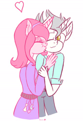 Size: 1378x2039 | Tagged: safe, artist:illumnious, oc, oc:flares midnight, oc:marc moses, anthro, unicorn, anthro oc, duo, female, heart, kiss on the cheek, kissing, male, oc x oc, shipping, simple background, straight, white background