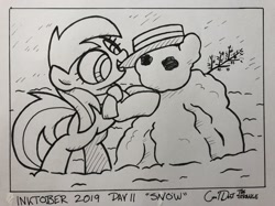 Size: 2048x1534 | Tagged: safe, artist:coaldustthestrange, noi, earth pony, pony, clothes, female, filly, hat, inktober, inktober 2019, scarf, snow, snow pony, traditional art