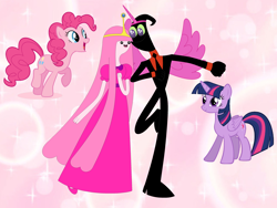 Size: 3248x2436 | Tagged: safe, artist:nathaniel hansen, derpibooru import, pinkie pie, twilight sparkle, twilight sparkle (alicorn), alicorn, earth pony, pony, adventure time, clothes, costume, crossover, nergal, nergal and princess bubblegum, princess bubblegum, sparkling, the grim adventures of billy and mandy