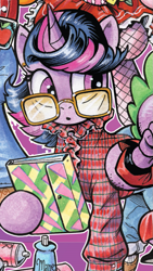 Size: 565x1005 | Tagged: safe, idw, spike, twilight sparkle, twilight sparkle (alicorn), alicorn, dragon, spoiler:comic, barbara holland, clothes, costume, outfit catalog, stranger things, trapper keeper