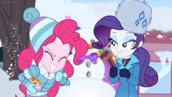 Size: 1600x900 | Tagged: safe, screencap, pinkie pie, rarity, better together, equestria girls, holidays unwrapped, clothes, coat, duo, duo female, elated, female, fork, happy, hat, jacket, ramekin, rarity's winter hat, snowman, souffle, toque, ushanka, winter outfit