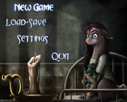 Size: 1875x1500 | Tagged: safe, artist:28gooddays, derpibooru import, gummy, pinkie pie, earth pony, pony, american mcgee's alice, bandage, bed, candle, crossover, menu, menu screen, pinkamena diane pie, solo