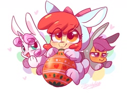 Size: 1600x1200 | Tagged: safe, artist:colorfulcolor233, apple bloom, scootaloo, sweetie belle, earth pony, pegasus, pony, unicorn, abstract background, adorabloom, animal costume, bunny belle, bunny bloom, bunny costume, bunnyloo, clothes, costume, cute, cutealoo, cutie mark crusaders, daaaaaaaaaaaw, diasweetes, easter, easter egg, eye clipping through hair, female, filly, heart, hnnng, holiday, open mouth, scootaloo is not amused, signature, smiling, trio, unamused