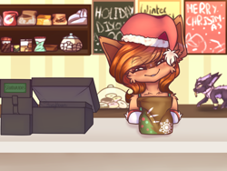 Size: 2026x1524 | Tagged: safe, artist:honeybbear, oc, oc:pumpkin, pony, christmas, cookie, female, food, hat, holiday, mare, nocturnal howler, santa hat, send nudes, solo, we don't normally wear clothes