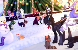 Size: 3551x2308 | Tagged: safe, artist:honeybbear, oc, oc only, oc:beatz, oc:cyan crystal, oc:mochi, oc:salamun, oc:whisper, pegasus, pony, sea serpent, christmas, christmas lights, female, holiday, mare, nocturnal howler, present, snow, snowman