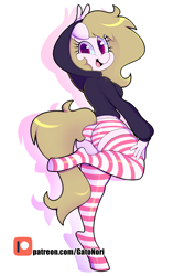 Size: 2893x4092 | Tagged: safe, artist:norithecat, oc, oc only, oc:coiled heart, anthro, anthro oc, clothes, digital, female, hand, jacket, logo, panties, patreon, patreon logo, socks, solo, striped socks, striped underwear, underwear