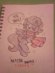 Size: 1536x2048 | Tagged: safe, artist:paperbagpony, oc, oc only, oc:befish, pony, clothes, female, pegasus oc, scarf, socks, striped socks, traditional art