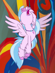 Size: 536x706 | Tagged: safe, screencap, silverstream, classical hippogriff, hippogriff, uprooted, dramatic, feathered fetlocks, female, flying, jewelry, mural, necklace, nose in the air, open beak, solo