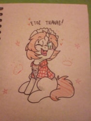 Size: 510x680 | Tagged: safe, artist:paperbagpony, oc, oc only, oc:etoz, pony, unicorn, clothes, fangs, green eyes, shirt, traditional art