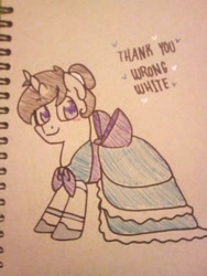 Size: 675x900 | Tagged: safe, artist:paperbagpony, oc, oc only, oc:white shield, pony, unicorn, clothes, crossdressing, dress, hair bun, traditional art