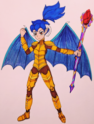 Size: 476x625 | Tagged: safe, artist:metalamethyst, dragon lord ember, princess ember, dragon, human, alternate hairstyle, armor, bloodstone scepter, clenched fist, female, horn, horned humanization, humanized, ponytail, traditional art, winged humanization, wings