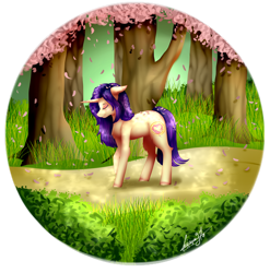 Size: 1704x1726 | Tagged: safe, artist:enghelkitten, oc, oc:merodi white, pony, unicorn, cherry blossoms, female, flower, flower blossom, mare, solo, tree