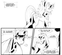 Size: 1052x936 | Tagged: safe, artist:bakuhaku, twilight sparkle, twilight sparkle (alicorn), alicorn, earth pony, pony, aweeg*, comic, dialogue, eating, end of ponies, female, grayscale, mare, monochrome, open mouth, smiling, speech bubble, twilight sparkle (g5)