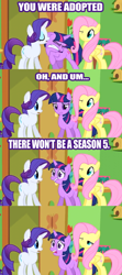 Size: 500x1126 | Tagged: safe, derpibooru import, edit, edited screencap, screencap, fluttershy, twilight sparkle, unicorn twilight, pegasus, pony, unicorn, green isn't your color, season 5, adopted, artifact, brony history, caption, comic, exploitable meme, funny, image macro, meme, old meme, screencap comic, text