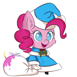 Size: 960x960 | Tagged: safe, artist:moon-potion, pinkie pie, earth pony, pony, bag, christmas, cute, hat, holiday, padoru, santa hat, simple background, solo, white background