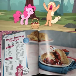 Size: 886x886 | Tagged: safe, derpibooru import, applejack, pinkie pie, earth pony, pony, the last roundup, book, chimicherrychanga, cookbook, cute, diapinkes, food, happy, merchandise, my little pony baking book, official, recipe, recipe book