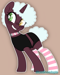 Size: 1180x1476 | Tagged: safe, artist:bluedinoadopts, oc, oc only, oc:amethyst fluff, pony, unicorn, afro, blushing, choker, clothes, demigirl, female, grin, heterochromia, mare, pink background, shorts, simple background, smiling, socks, solo, starry eyes, striped socks, tanktop, wingding eyes