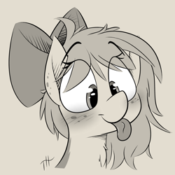 Size: 3000x3000 | Tagged: safe, artist:fakskis, oc, oc only, pony, :p, blushing, bow, bust, chest fluff, ear freckles, eye clipping through hair, female, freckles, mlem, monochrome, silly, tongue out